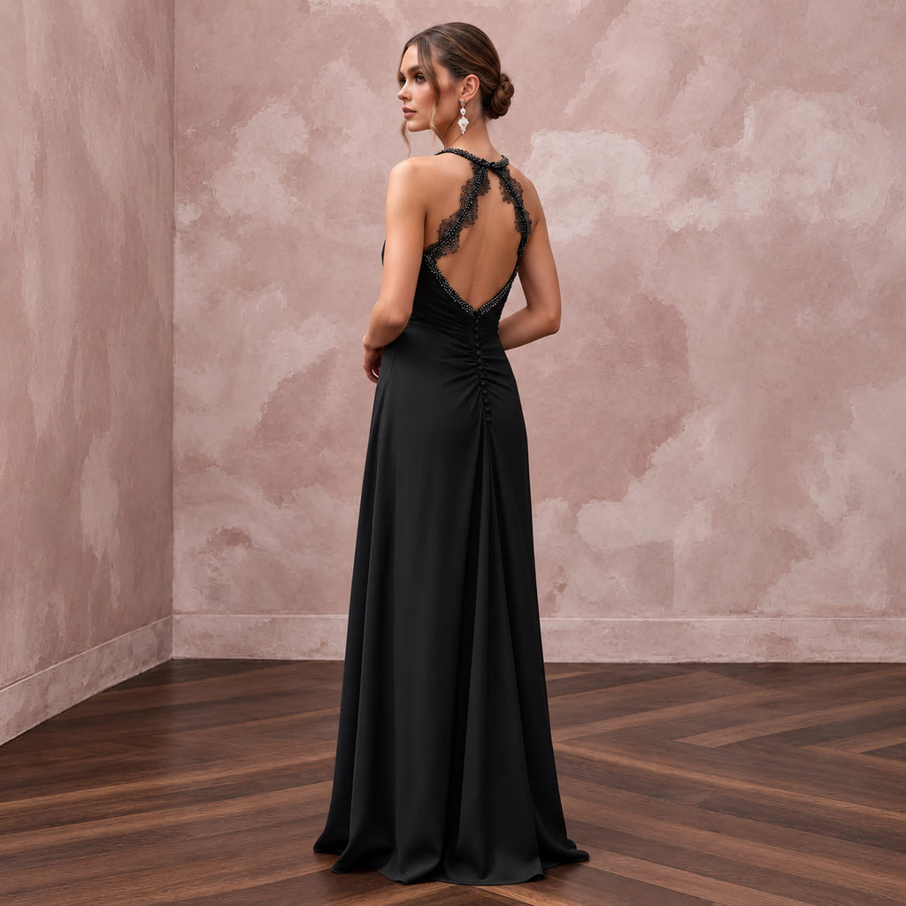 Black Minimalist Silk Georgette Halter Neck Flowing Maxi Dress - Apparel & Accessories > Clothing > Wedding & Bridal Party Dresses > Wedding Dresses - Mignonette Bridal