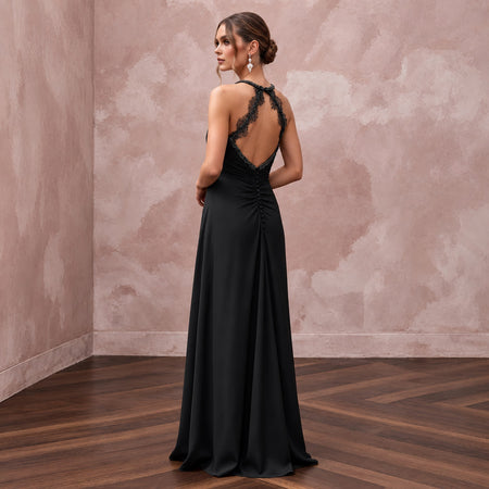 Black Minimalist Silk Georgette Halter Neck Flowing Maxi Dress - Apparel & Accessories > Clothing > Wedding & Bridal Party Dresses > Wedding Dresses - Mignonette Bridal