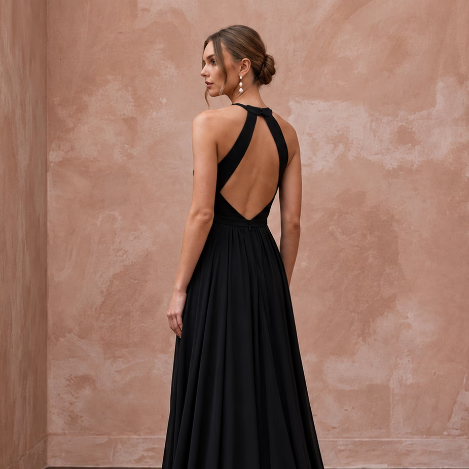 Black Minimalist Silk Georgette Halter Neck Flowing Maxi Dress - Apparel & Accessories > Clothing > Wedding & Bridal Party Dresses > Wedding Dresses - Mignonette Bridal