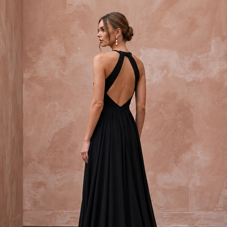 Black Minimalist Silk Georgette Halter Neck Flowing Maxi Dress - Apparel & Accessories > Clothing > Wedding & Bridal Party Dresses > Wedding Dresses - Mignonette Bridal