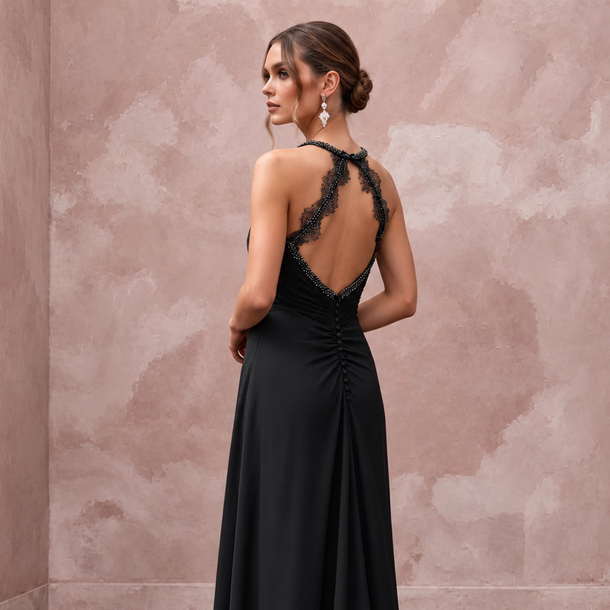 Black Minimalist Silk Georgette Halter Neck Flowing Maxi Dress - Apparel & Accessories > Clothing > Wedding & Bridal Party Dresses > Wedding Dresses - Mignonette Bridal