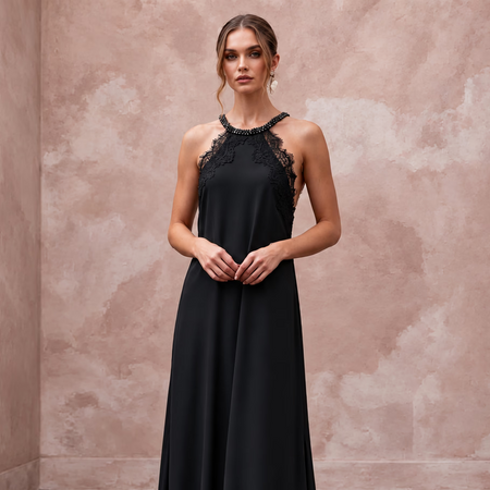 Black Minimalist Silk Georgette Halter Neck Flowing Maxi Dress - Apparel & Accessories > Clothing > Wedding & Bridal Party Dresses > Wedding Dresses - Mignonette Bridal