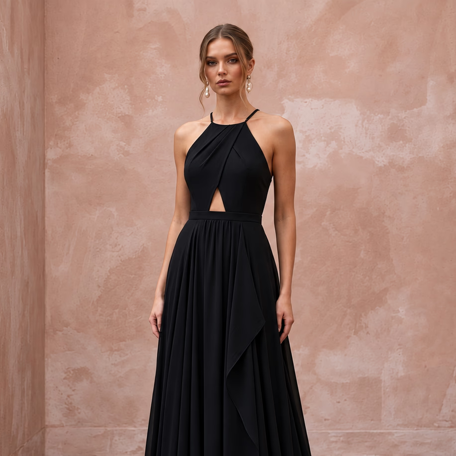 Black Minimalist Silk Georgette Halter Neck Flowing Maxi Dress - Apparel & Accessories > Clothing > Wedding & Bridal Party Dresses > Wedding Dresses - Mignonette Bridal
