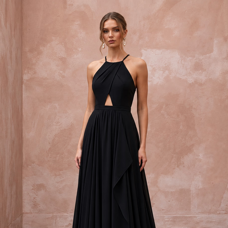 Black Minimalist Silk Georgette Halter Neck Flowing Maxi Dress - Apparel & Accessories > Clothing > Wedding & Bridal Party Dresses > Wedding Dresses - Mignonette Bridal