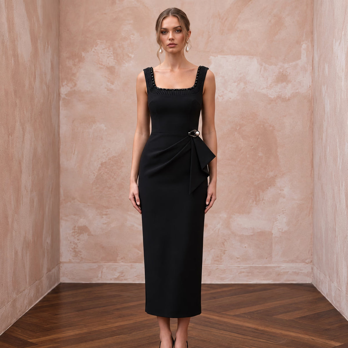 Black Minimalist Stretch Crepe Square Neck Column Cocktail Dress