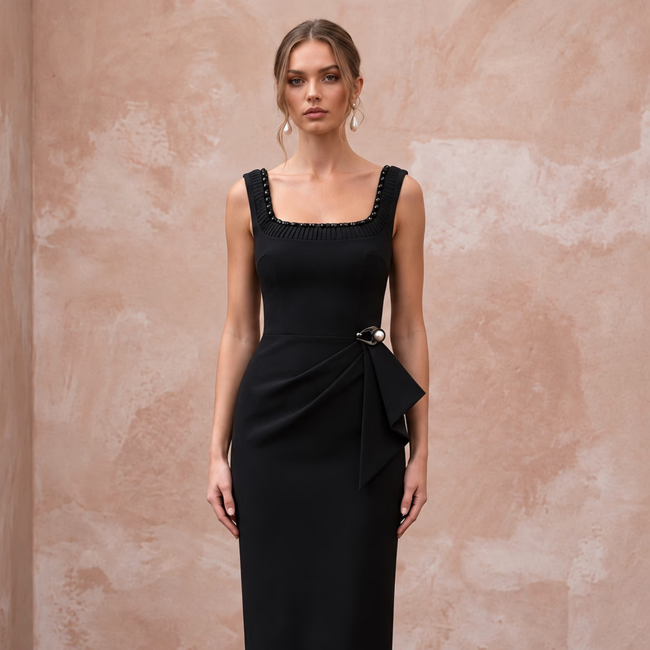 Black Minimalist Stretch Crepe Square Neck Column Cocktail Dress