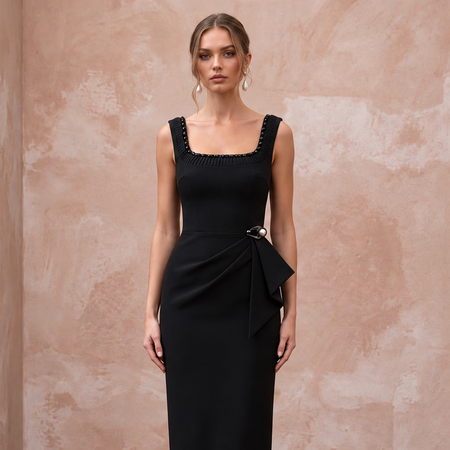 Black Minimalist Stretch Crepe Square Neck Column Cocktail Dress