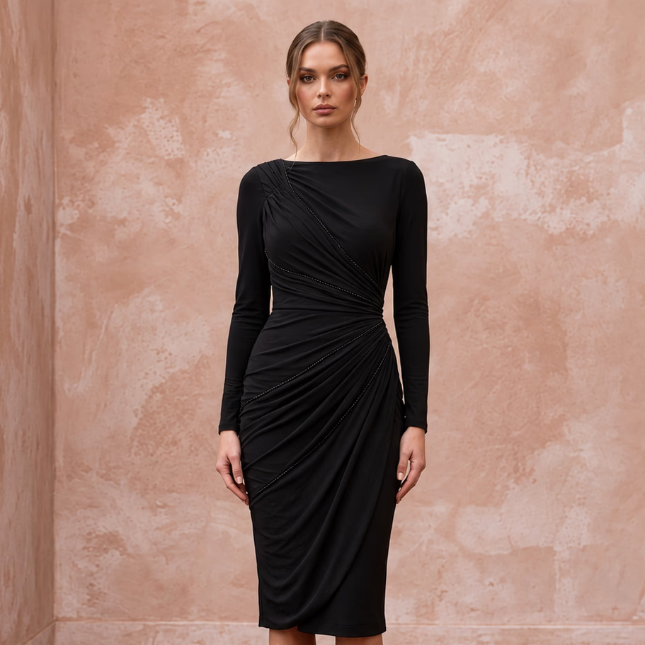 Black Minimalist Stretch Jersey Long Sleeve Ruched Cocktail Dress