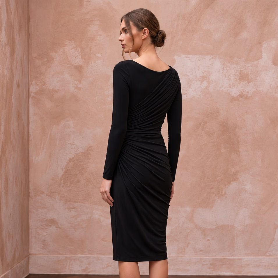 Black Minimalist Stretch Jersey Long Sleeve Ruched Cocktail Dress