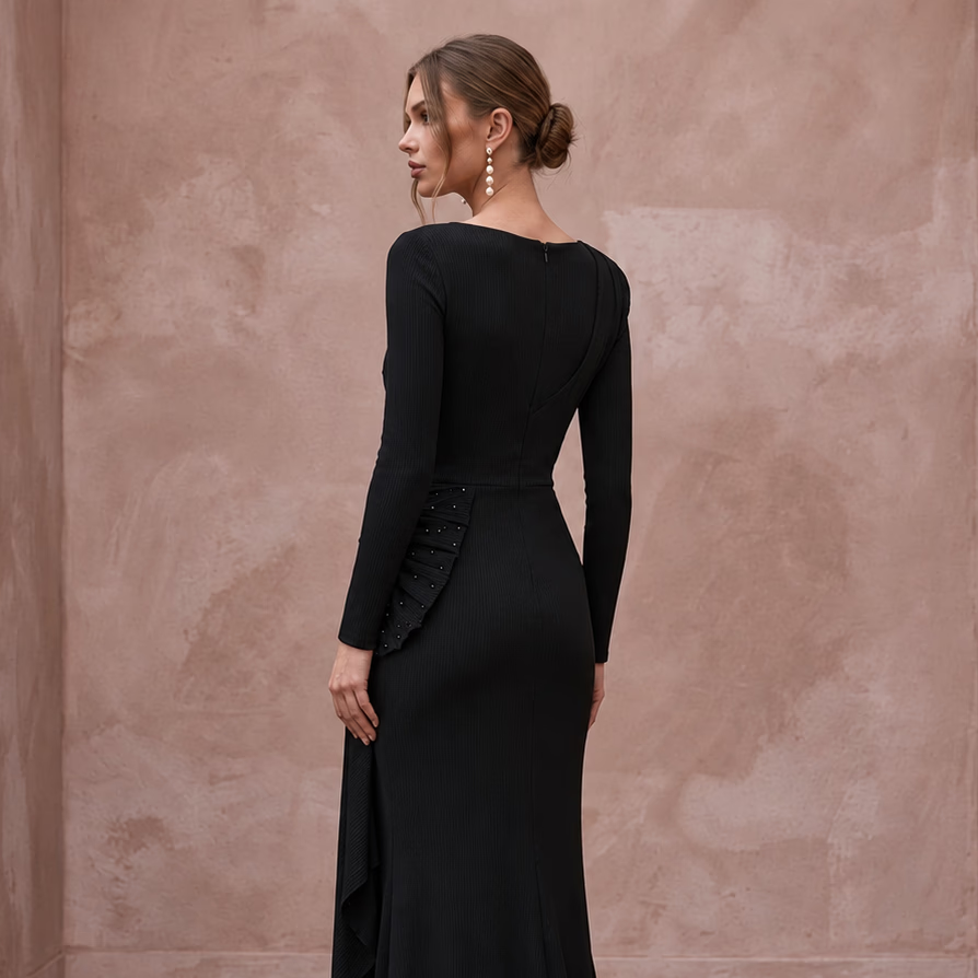 Black minimalist stretch jersey long sleeve ruched cocktail dress featuring a side ruffle detail.