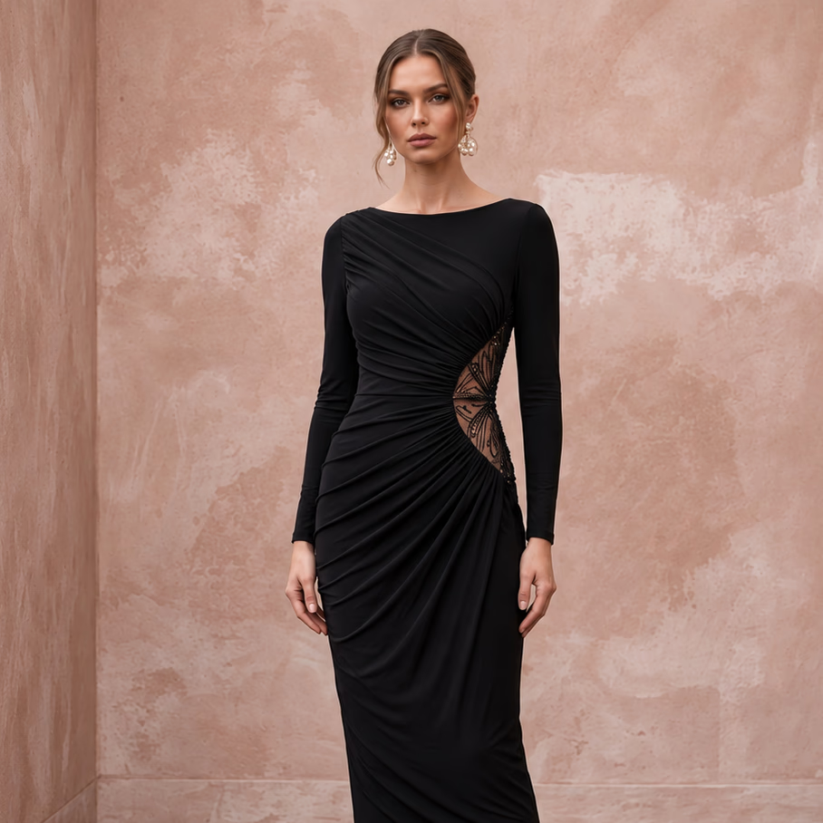 Black Minimalist Stretch Jersey Long Sleeve Ruched Cocktail Dress