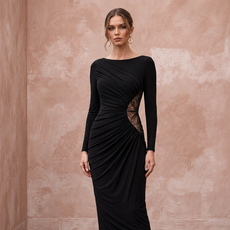Black Minimalist Stretch Jersey Long Sleeve Ruched Cocktail Dress