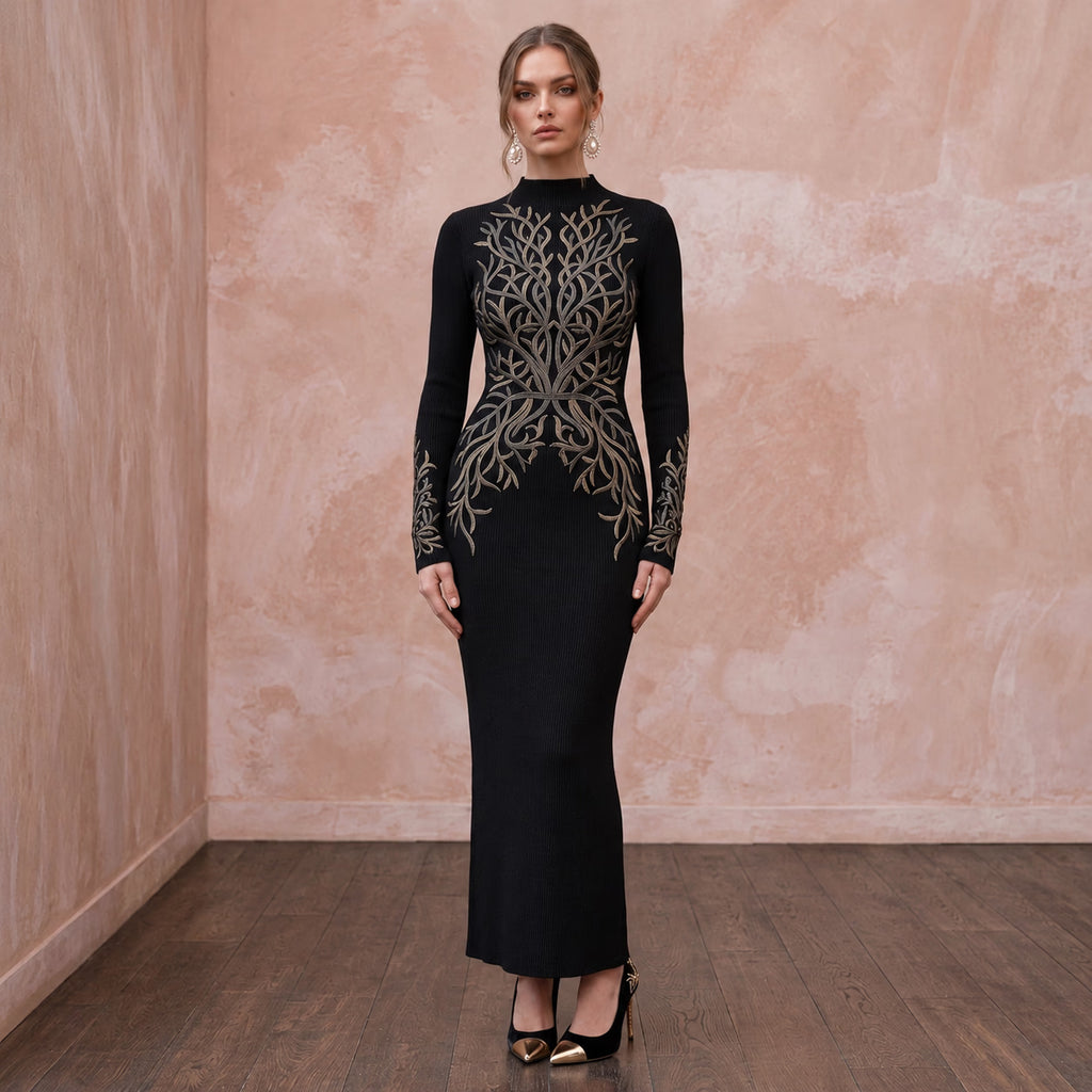 Black Sustainable Lyocell Ribbed Knit Long Sleeve Bodycon Dress - Apparel & Accessories > Clothing > Wedding & Bridal Party Dresses > Wedding Dresses - Mignonette Bridal