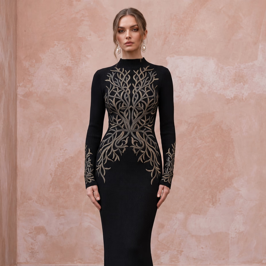 Black Sustainable Lyocell Ribbed Knit Long Sleeve Bodycon Dress - Apparel & Accessories > Clothing > Wedding & Bridal Party Dresses > Wedding Dresses - Mignonette Bridal