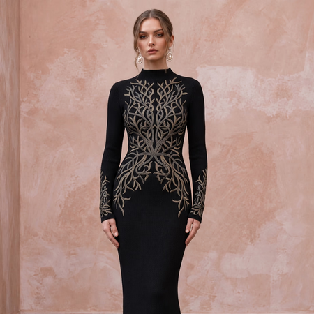 Black Sustainable Lyocell Ribbed Knit Long Sleeve Bodycon Dress - Apparel & Accessories > Clothing > Wedding & Bridal Party Dresses > Wedding Dresses - Mignonette Bridal
