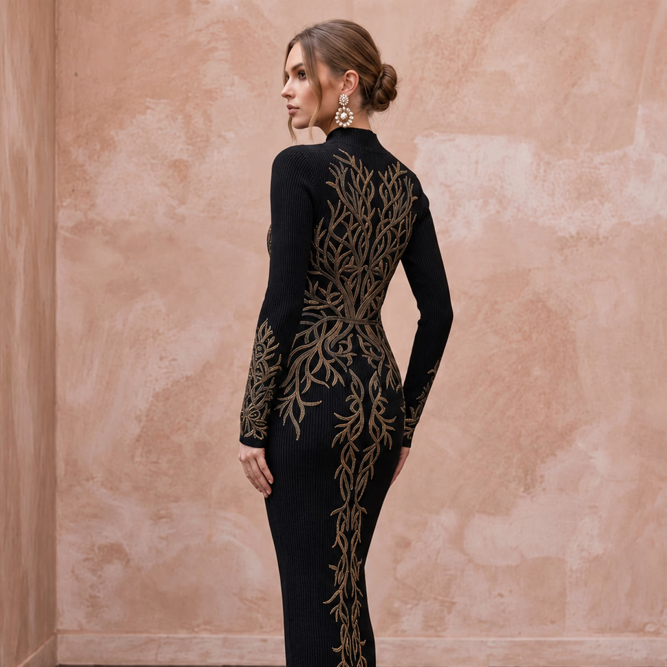 Black Sustainable Lyocell Ribbed Knit Long Sleeve Bodycon Dress - Apparel & Accessories > Clothing > Wedding & Bridal Party Dresses > Wedding Dresses - Mignonette Bridal