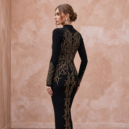 Black Sustainable Lyocell Ribbed Knit Long Sleeve Bodycon Dress - Apparel & Accessories > Clothing > Wedding & Bridal Party Dresses > Wedding Dresses - Mignonette Bridal