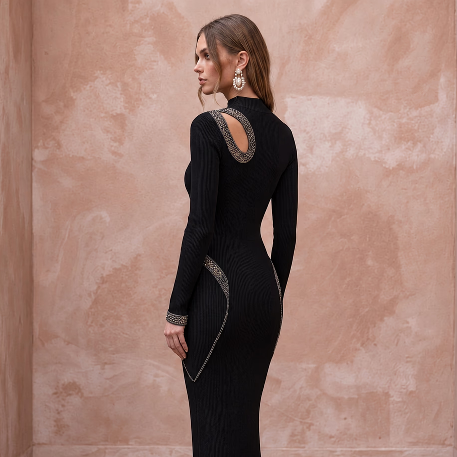 Black Sustainable Lyocell Ribbed Knit Long Sleeve Bodycon Dress
