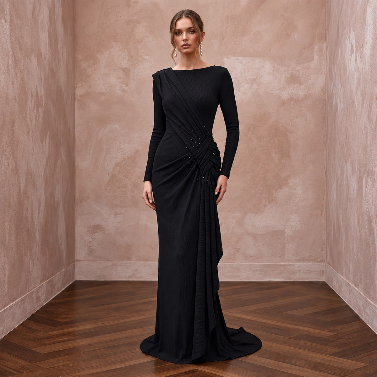Black Sustainable Organic Cotton Ribbed Long Sleeve Maxi Dress