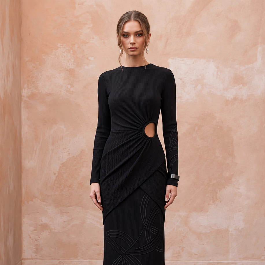 Black Sustainable Organic Cotton Ribbed Long Sleeve Maxi Dress - Apparel & Accessories > Clothing > Wedding & Bridal Party Dresses > Wedding Dresses - Mignonette Bridal