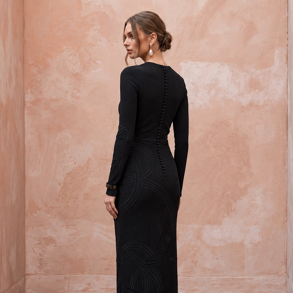 Black Sustainable Organic Cotton Ribbed Long Sleeve Maxi Dress - Apparel & Accessories > Clothing > Wedding & Bridal Party Dresses > Wedding Dresses - Mignonette Bridal