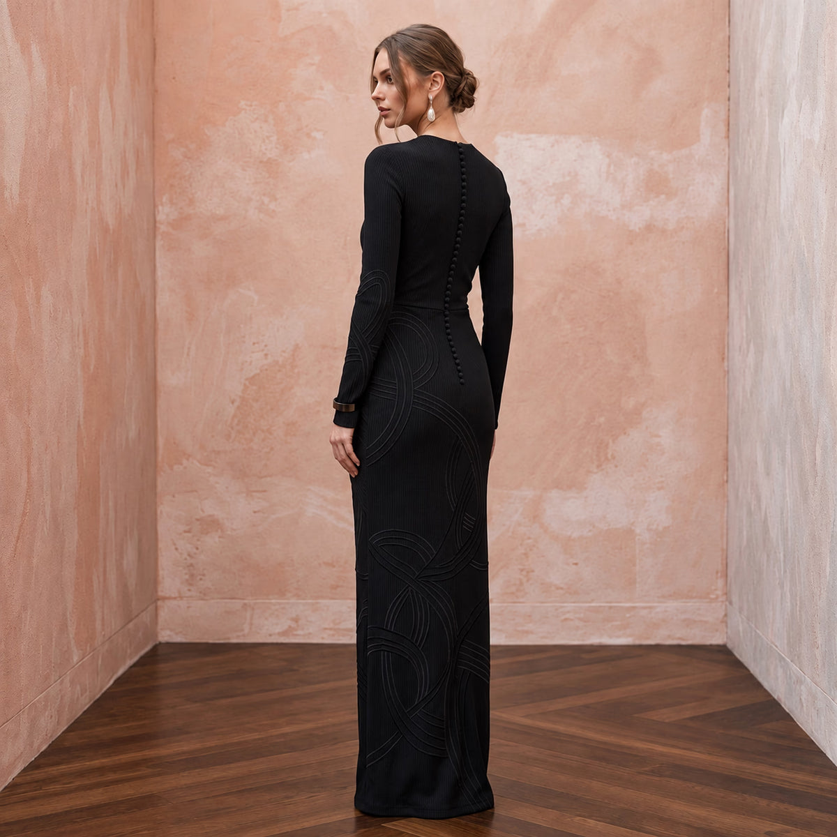 Black Sustainable Organic Cotton Ribbed Long Sleeve Maxi Dress - Apparel & Accessories > Clothing > Wedding & Bridal Party Dresses > Wedding Dresses - Mignonette Bridal