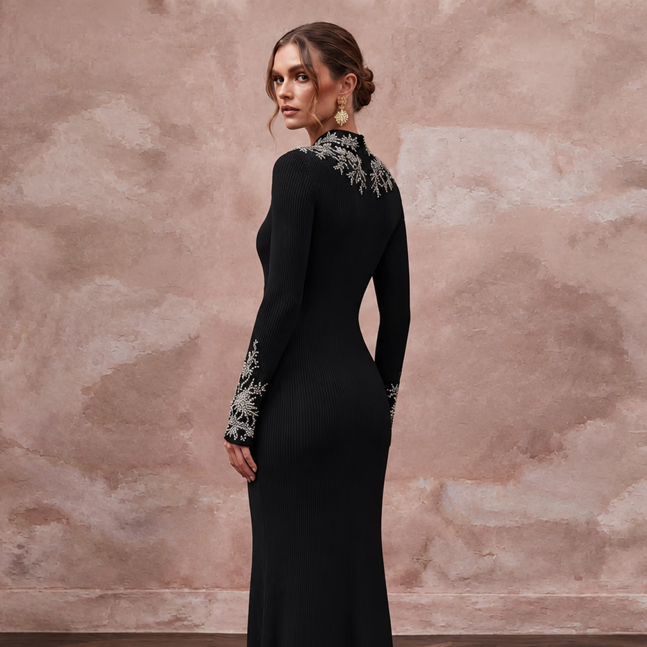 Black Sustainable Organic Cotton Ribbed Long Sleeve Maxi Dress