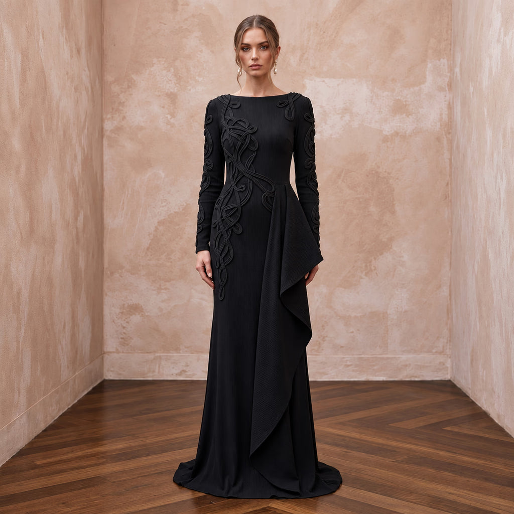 Black Sustainable Organic Cotton Ribbed Long Sleeve Maxi Dress