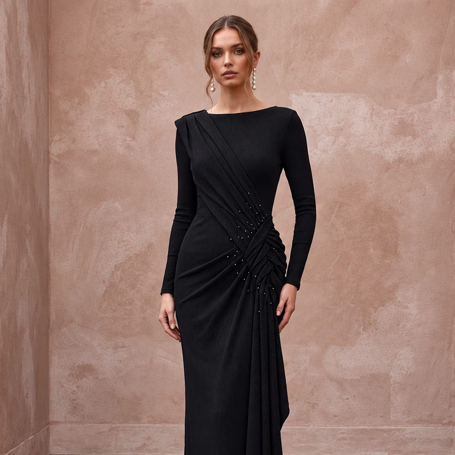Black Sustainable Organic Cotton Ribbed Long Sleeve Maxi Dress