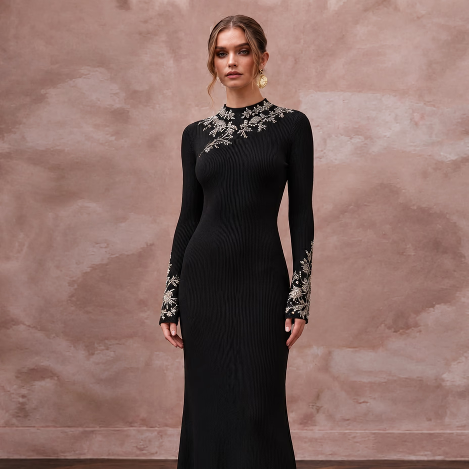 Black Sustainable Organic Cotton Ribbed Long Sleeve Maxi Dress