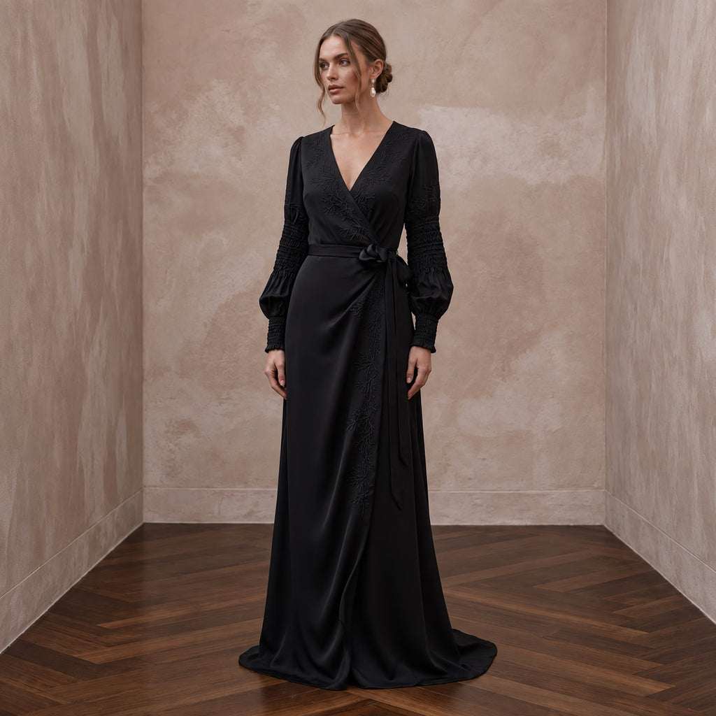 Black Sustainable Organic Silk Long Sleeve Wrap Dress for Winter Reception - Apparel & Accessories > Clothing > Wedding & Bridal Party Dresses > Wedding Dresses - Mignonette Bridal