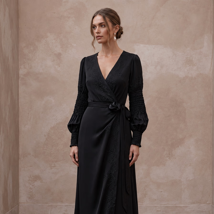 Black Sustainable Organic Silk Long Sleeve Wrap Dress for Winter Reception - Apparel & Accessories > Clothing > Wedding & Bridal Party Dresses > Wedding Dresses - Mignonette Bridal