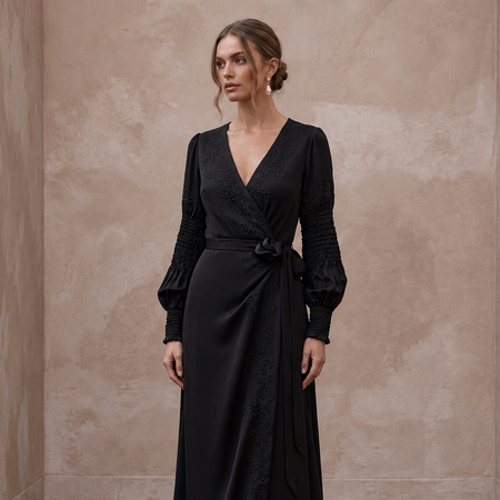 Black Sustainable Organic Silk Long Sleeve Wrap Dress for Winter Reception - Apparel & Accessories > Clothing > Wedding & Bridal Party Dresses > Wedding Dresses - Mignonette Bridal