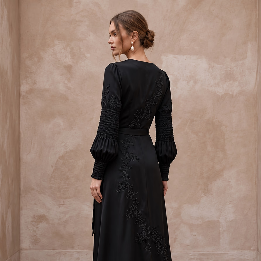 Black Sustainable Organic Silk Long Sleeve Wrap Dress for Winter Reception - Apparel & Accessories > Clothing > Wedding & Bridal Party Dresses > Wedding Dresses - Mignonette Bridal