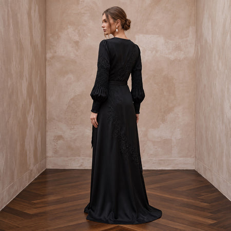 Black Sustainable Organic Silk Long Sleeve Wrap Dress for Winter Reception - Apparel & Accessories > Clothing > Wedding & Bridal Party Dresses > Wedding Dresses - Mignonette Bridal