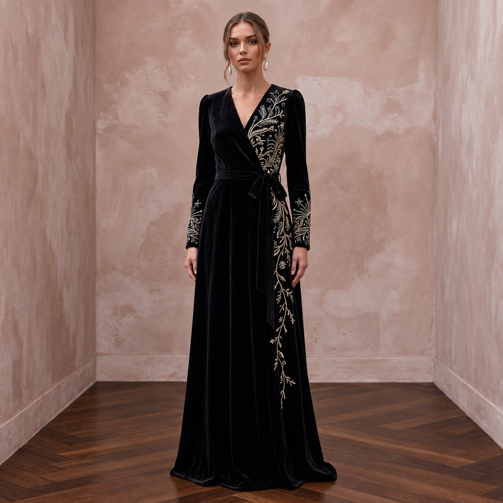 Black Sustainable Velvet Long Sleeve Wrap Dress for Winter Wedding Guest