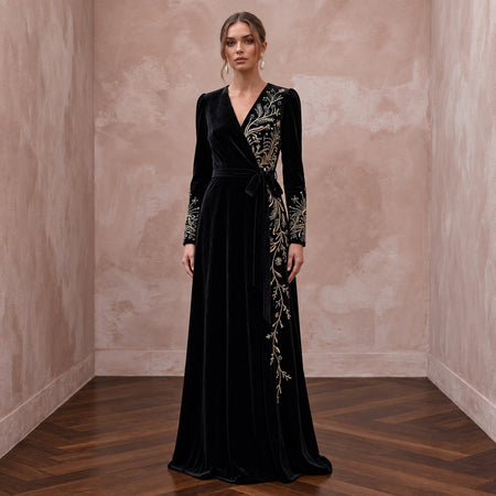Black Sustainable Velvet Long Sleeve Wrap Dress for Winter Wedding Guest