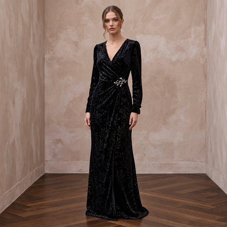Black Sustainable Velvet Long Sleeve Wrap Dress for Winter Wedding Guest