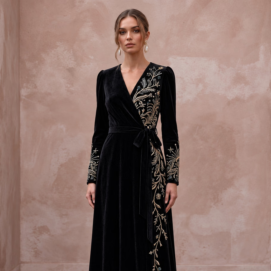 Black Sustainable Velvet Long Sleeve Wrap Dress for Winter Wedding Guest
