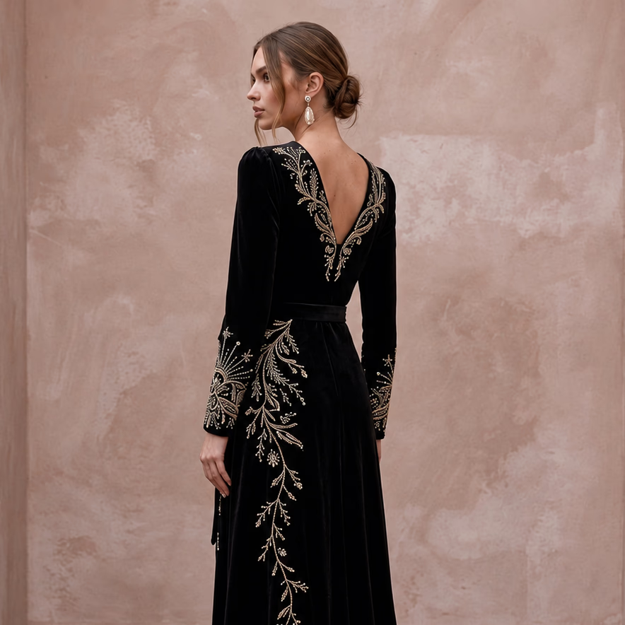 Black Sustainable Velvet Long Sleeve Wrap Dress for Winter Wedding Guest