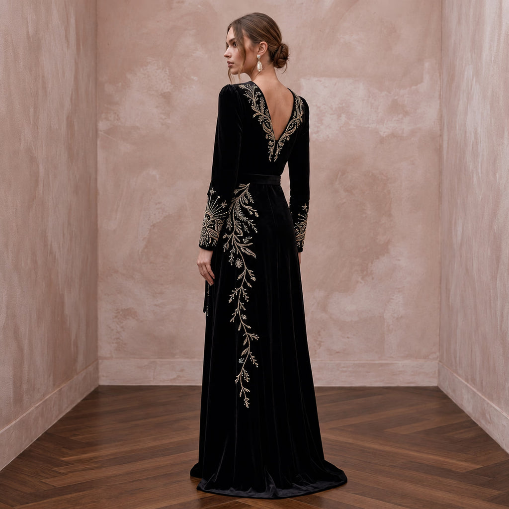 Black Sustainable Velvet Long Sleeve Wrap Dress for Winter Wedding Guest
