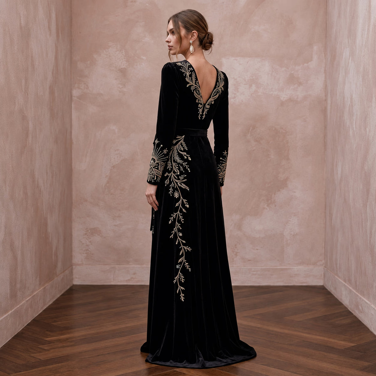Black Sustainable Velvet Long Sleeve Wrap Dress for Winter Wedding Guest