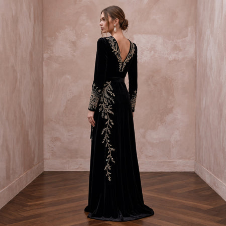 Black Sustainable Velvet Long Sleeve Wrap Dress for Winter Wedding Guest