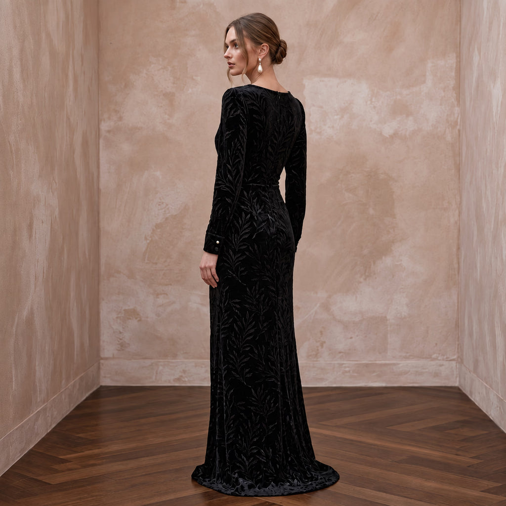 Black Sustainable Velvet Long Sleeve Wrap Dress for Winter Wedding Guest