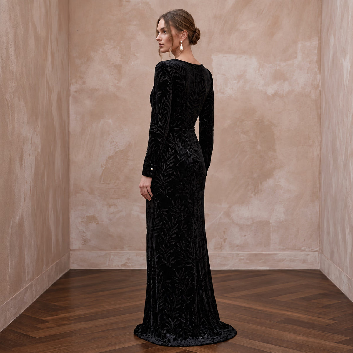 Black Sustainable Velvet Long Sleeve Wrap Dress for Winter Wedding Guest