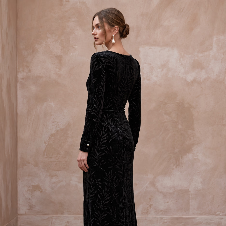 Black Sustainable Velvet Long Sleeve Wrap Dress for Winter Wedding Guest