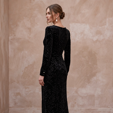 Black Sustainable Velvet Long Sleeve Wrap Dress for Winter Wedding Guest