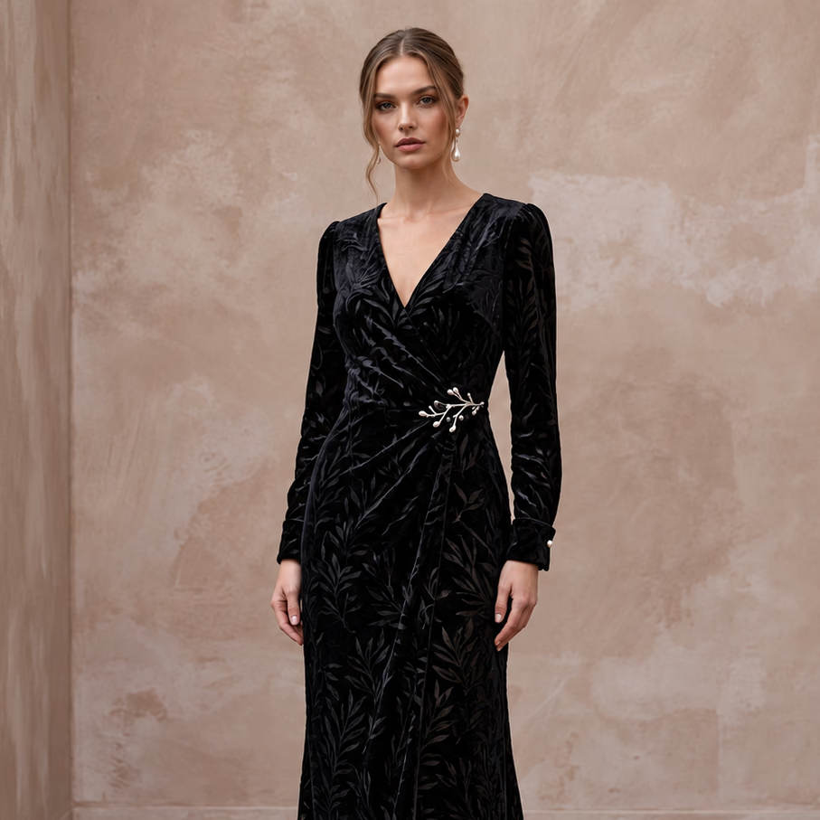 Black Sustainable Velvet Long Sleeve Wrap Dress for Winter Wedding Guest