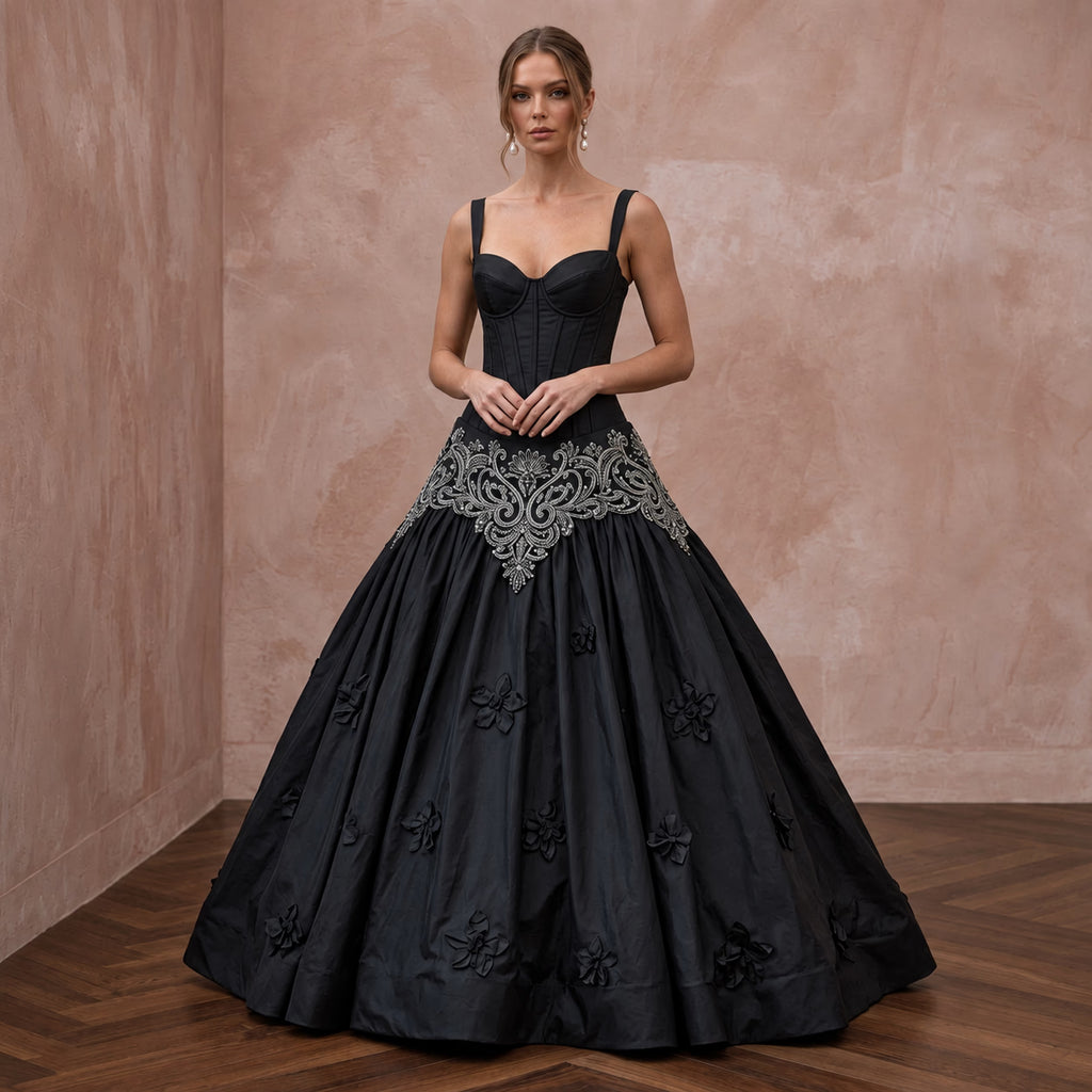 Black Taffeta Dropped Waist Corset Bodice Ball Gown