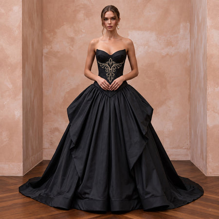 Black Taffeta Dropped Waist Corset Bodice Ball Gown